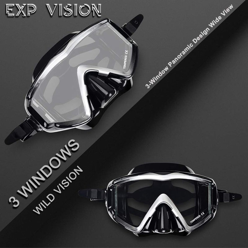 EXP VISION الكبار بانو 3 نافذة قناع الغوص خفف من الزجاج غص قناع مكافحة الضباب قناع السباحة لا تسرب نظارات السباحة مع غطاء الأنف معدات الغطس للغطس الحر والسباحة (أسود) - Image 4